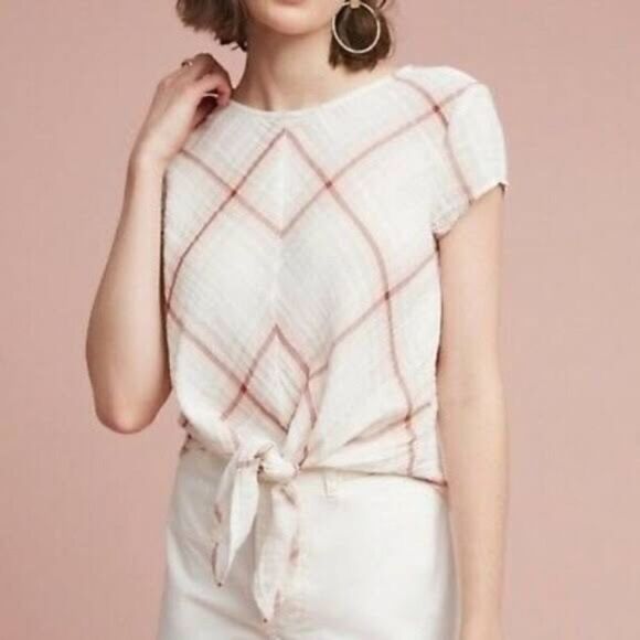 cloth & stone Tops - Anthropologie Cloth & Stone Mina Cream/Purple/Peach Gauze‎ Self Tie Top Sz S